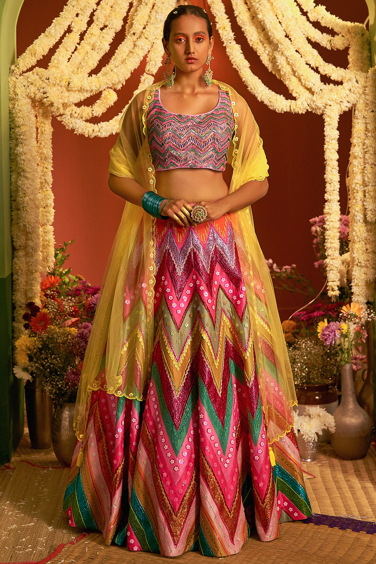 Multi Colored Raw Silk Embroidered Lehenga Set by SIDDHARTHA BANSAL