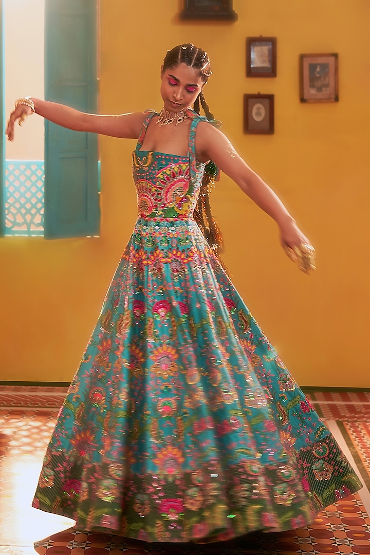 Teal Embroidered Gown by Siddhartha Bansal at Pernia's Pop Up Shop
