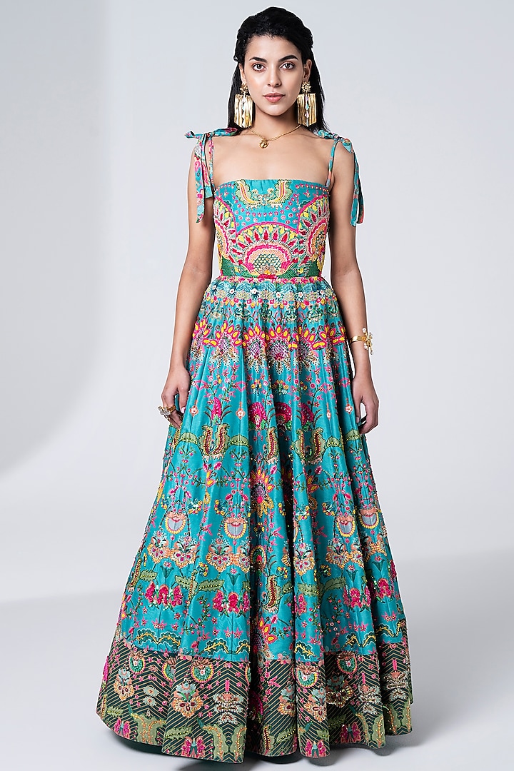 Teal Embroidered Gown by Siddhartha Bansal at Pernia's Pop Up Shop