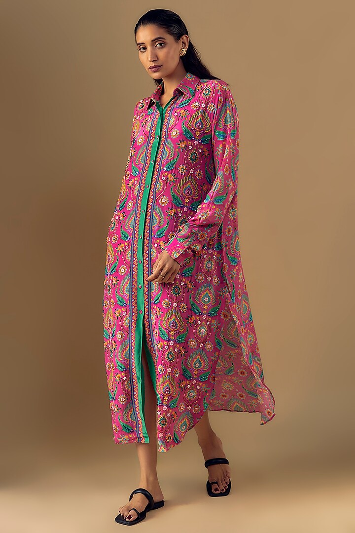 Pink & Blue Pure Crepe Paisley Printed & Embellished Midi Shirt Dress by SIDDHARTHA BANSAL at Pernia's Pop Up Shop