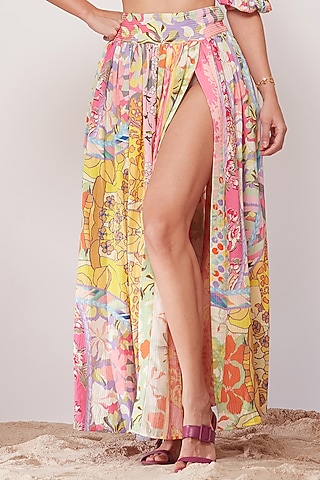 Multi-Colored Floral Printed Gathered Skirt by SIDDHARTHA BANSAL