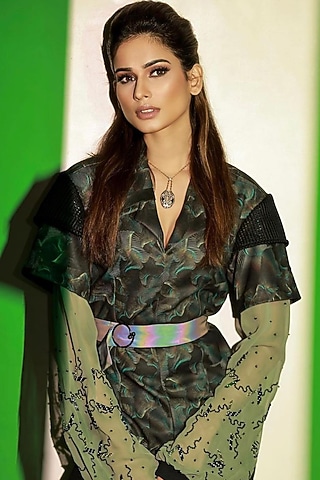 Black & Bud Green Printed Bodysuit by SIDDHANT AGRAWAL
