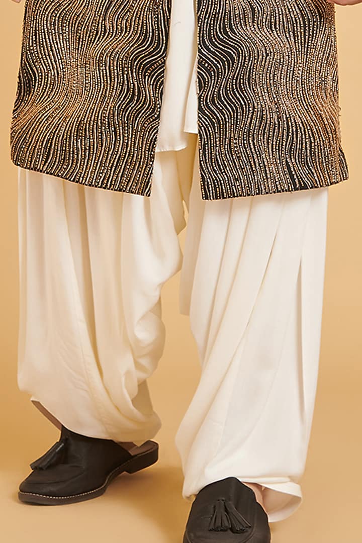 Black Matka Silk Gold Zari Work Groom Sherwani Set by Siddartha Tytler Men at Pernia's Pop Up Shop