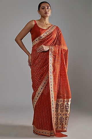 Rust Silk Cotton Zari Embroidered Banarasi Saree Set by Shimai Jayachandra
