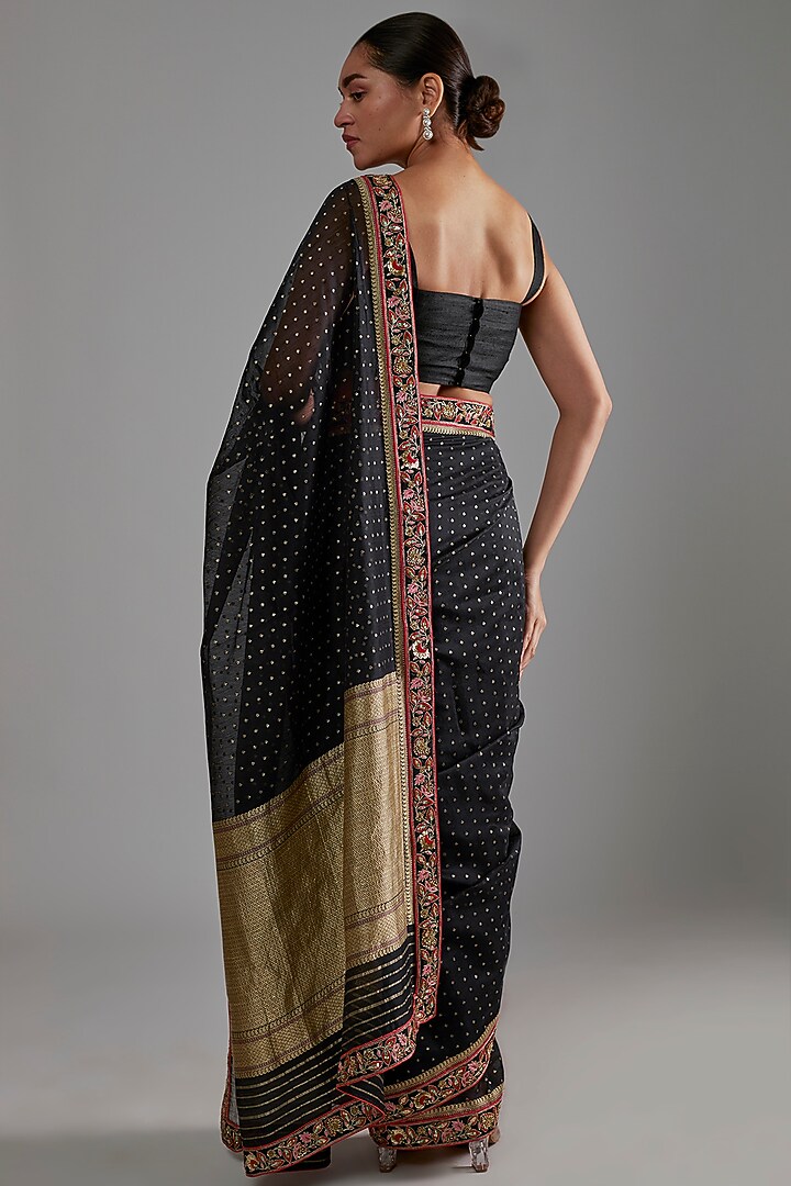 Black Silk Cotton Zardosi Hand Embroidered Handloom Banarasi Wedding Saree Set by Shimai Jayachandra at Pernia's Pop Up Shop