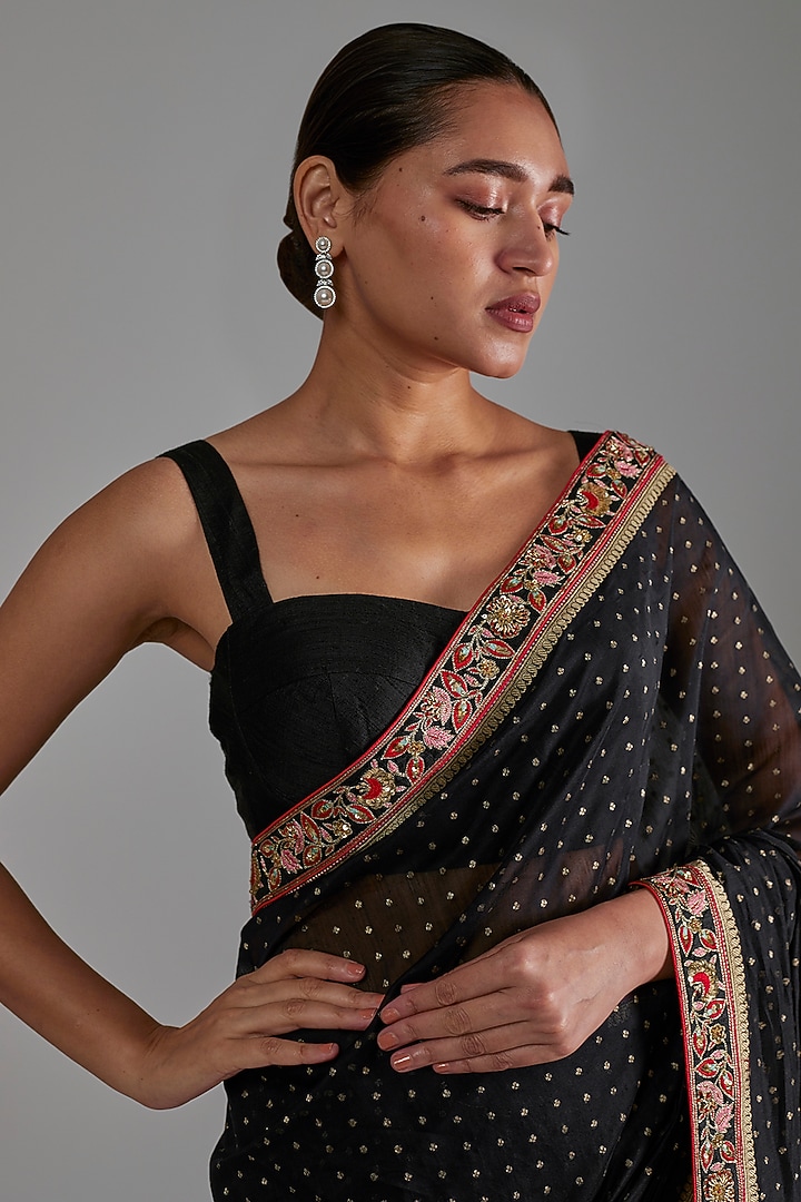 Black Silk Cotton Zardosi Hand Embroidered Handloom Banarasi Wedding Saree Set by Shimai Jayachandra at Pernia's Pop Up Shop