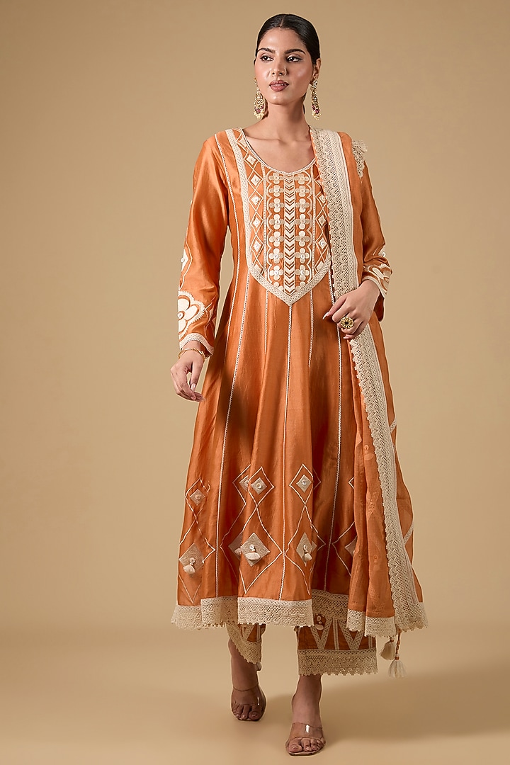 Orange Linen Chikankari Embroidered Wedding Anarkali Set by Simar Dugal at Pernia's Pop Up Shop