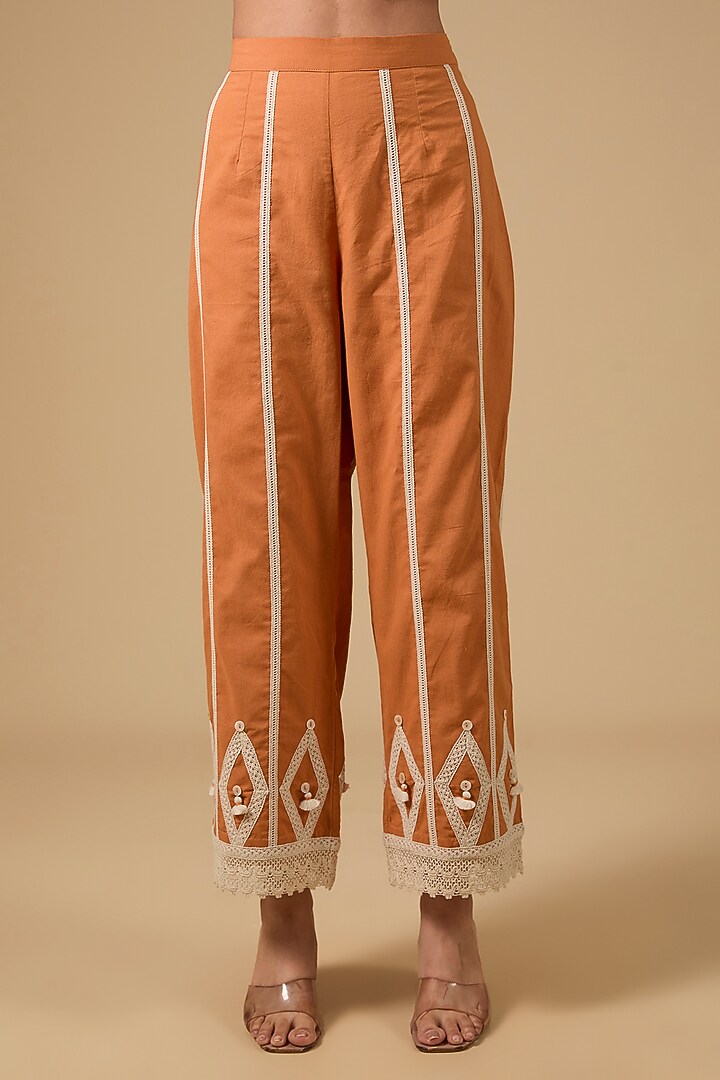 Orange Linen Chikankari Embroidered Wedding Anarkali Set by Simar Dugal at Pernia's Pop Up Shop