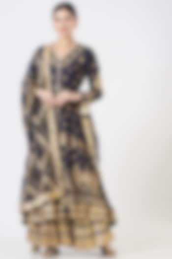 Navy Blue Aari Embroidered Wedding Sharara Set by Simar Dugal at Pernia's Pop Up Shop