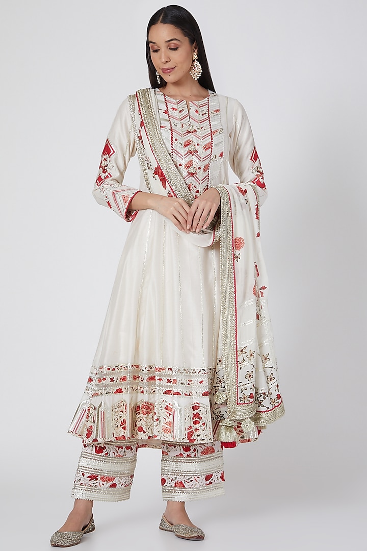 Ivory Wedding Anarkali Set With Digital Patch Work by Simar Dugal at Pernia's Pop Up Shop