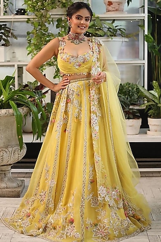 Yellow Organza Embroidered Lehenga Set by Ridhi Mehra