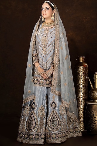 Cloudy Grey Shimmer Chiffon Embroidered Sharara Set by Sidhaarth and Disha