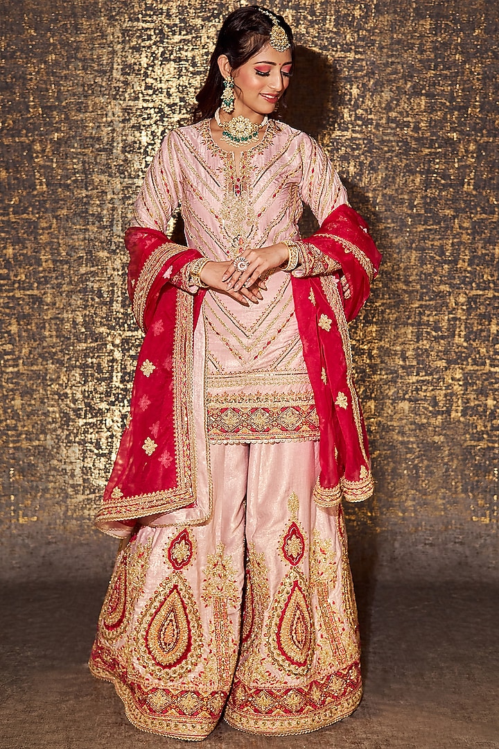 Pink Shimmer Chiffon Embroidered Sharara Set by Sidhaarth and Disha