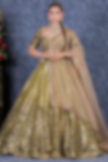 Olive Green Shimmer Organza Applique Embroidered Lehenga Set by Sidhaarth and Disha
