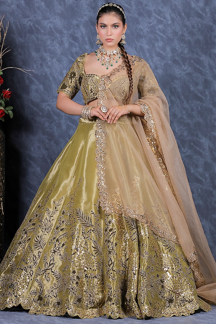 Olive Green Shimmer Organza Applique Embroidered Lehenga Set by Sidhaarth and Disha
