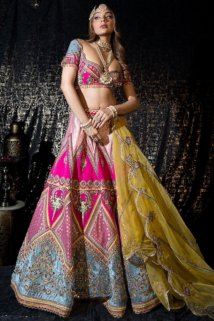 Rani Pink Silk Aari Embroidered Lehenga Set by Sidhaarth and Disha