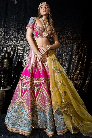 Rani Pink Silk Aari Embroidered Lehenga Set by Sidhaarth and Disha