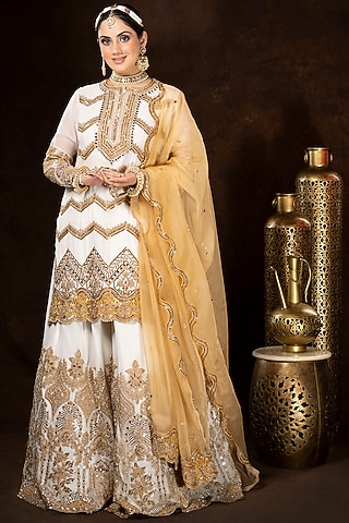 Ivory Georgette Dori Embroidered Sharara Set by Sidhaarth and Disha