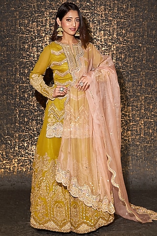 Mustard Georgette Dori Embroidered Sharara Set by Sidhaarth and Disha