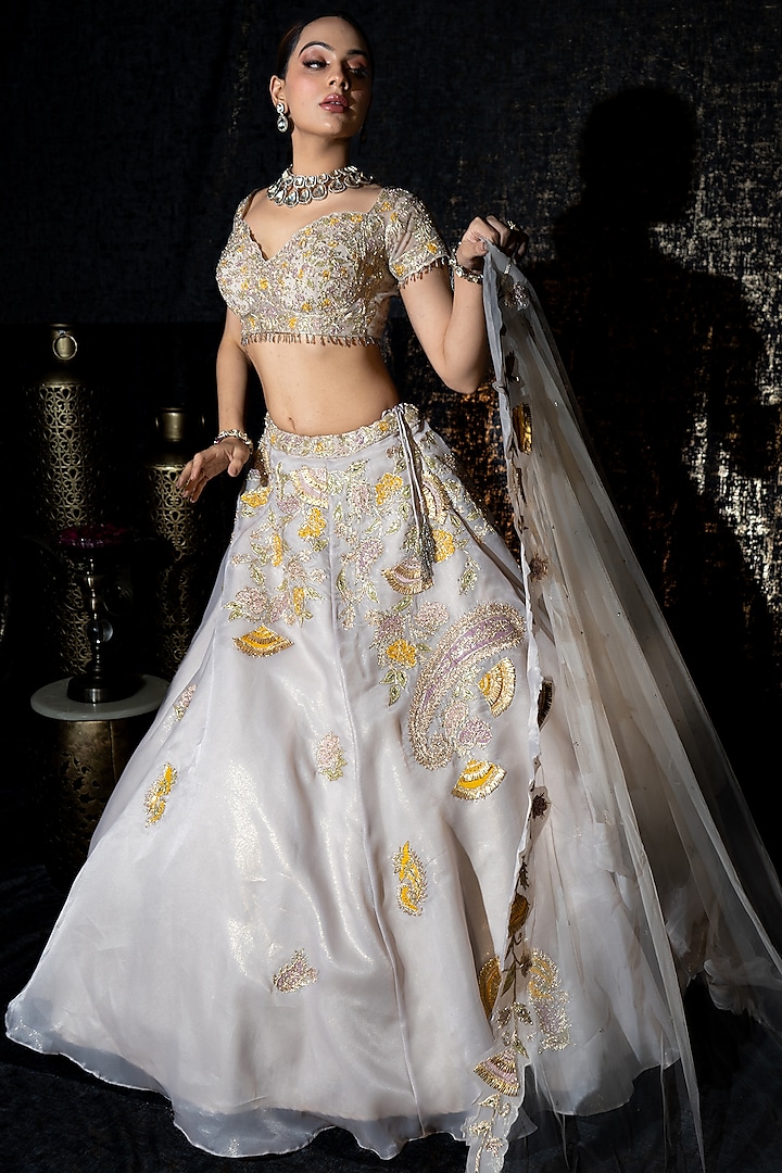 Grey Tissue Organza Hand Embroidered Lehenga Set by Sidhaarth and Disha