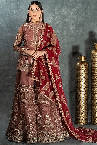 Pink Organza Hand Embroidered Sharara Set by Sidhaarth and Disha
