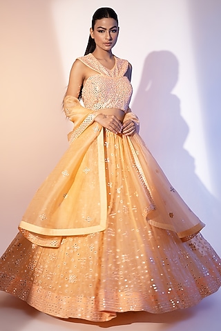 Peach Pure Organza Mirror Hand Embroidered Lehenga Set by SEJAL KUMAR