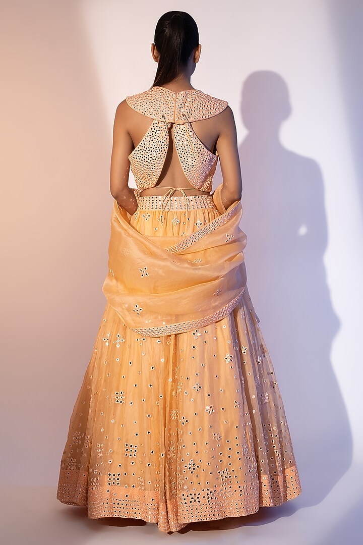 Peach Pure Organza Mirror Hand Embroidered Wedding Lehenga Set by SEJAL KUMAR at Pernia's Pop Up Shop