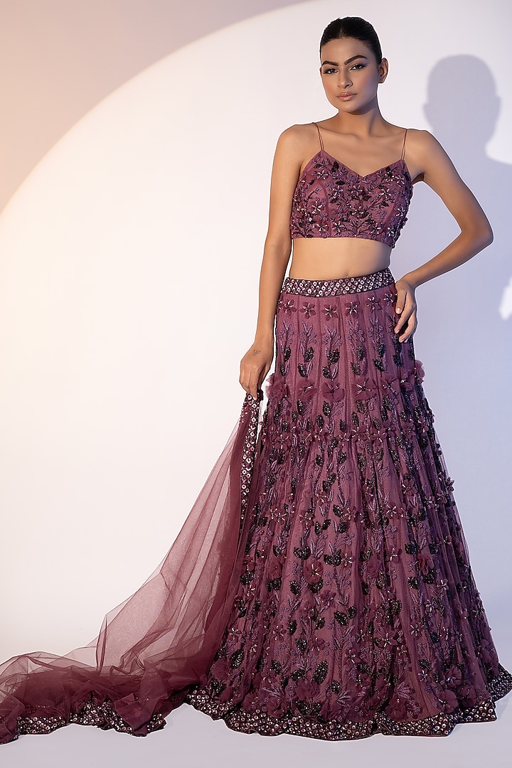 Falsa-Colored Pure Net 3D Floral & Sequins Embroidered Lehenga Set by SEJAL KUMAR