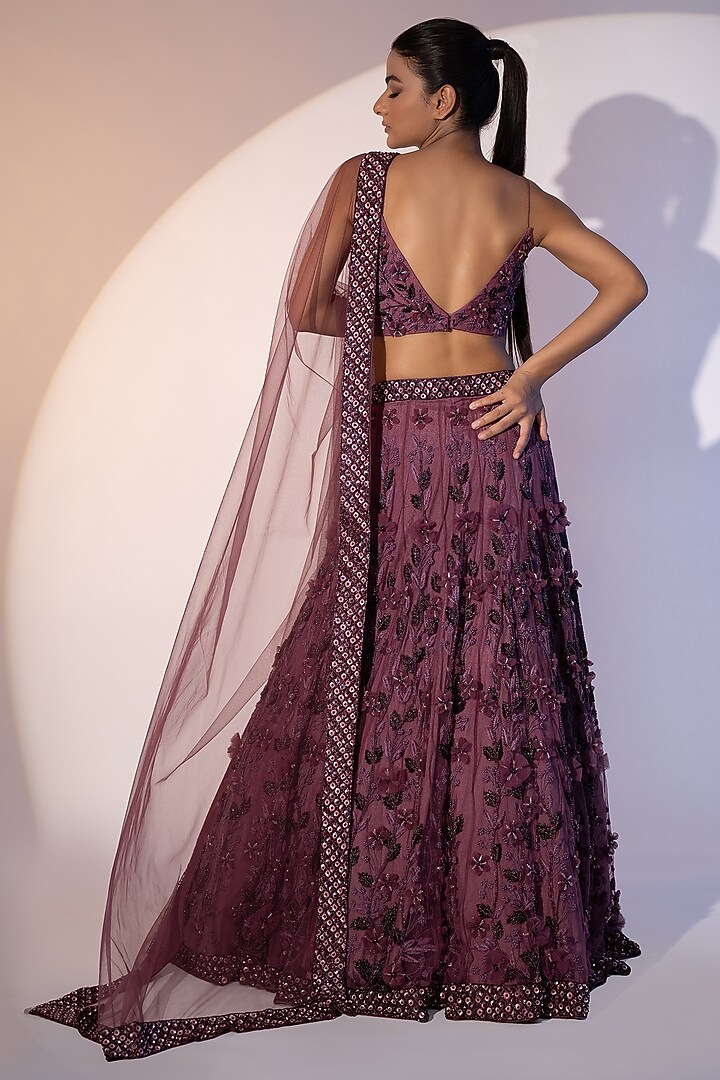 Falsa-Colored Pure Net 3D Floral & Sequins Embroidered Bridal Lehenga Set by SEJAL KUMAR at Pernia's Pop Up Shop