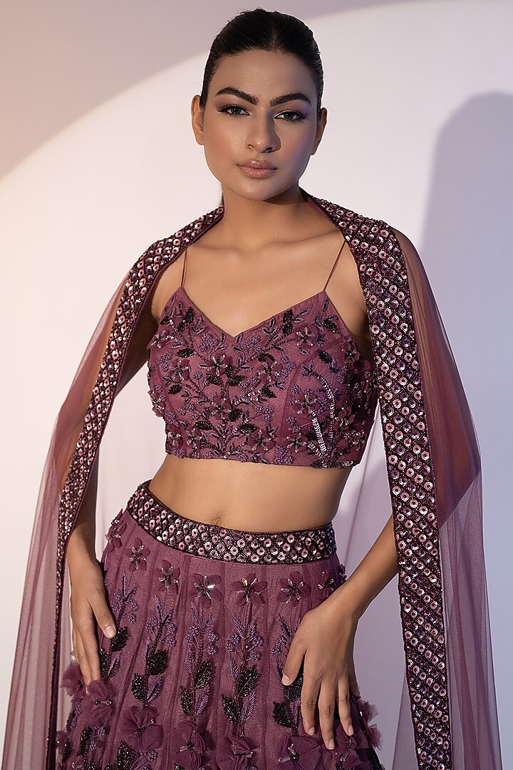 Falsa-Colored Pure Net 3D Floral & Sequins Embroidered Bridal Lehenga Set by SEJAL KUMAR at Pernia's Pop Up Shop