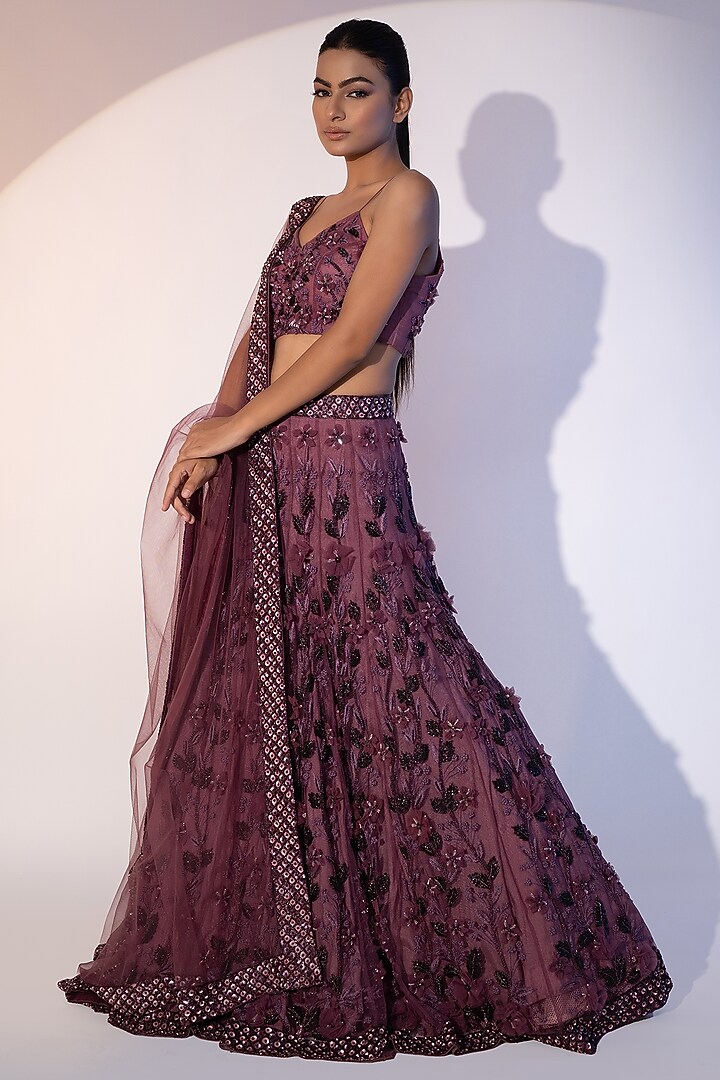 Falsa-Colored Pure Net 3D Floral & Sequins Embroidered Bridal Lehenga Set by SEJAL KUMAR at Pernia's Pop Up Shop
