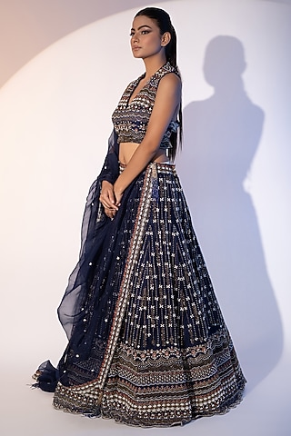 Navy blue Pure Raw Silk Pearl & Tassels Embellished Lehenga Set by SEJAL KUMAR