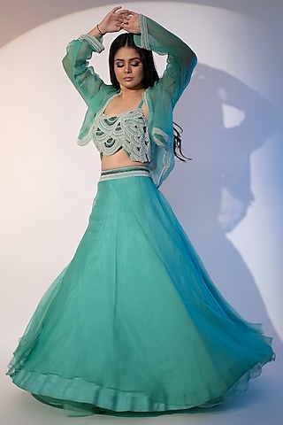 Sea Green Pure Organza & Pure Net Lehenga Set by SEJAL KUMAR