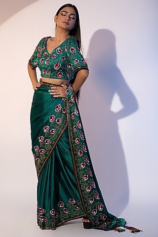Emerald Green Satin Sequins & Cutdana Embroidered Saree Set by SEJAL KUMAR