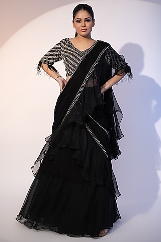 Black Pure Organza Ruffled Draped Lehenga Saree Set by SEJAL KUMAR