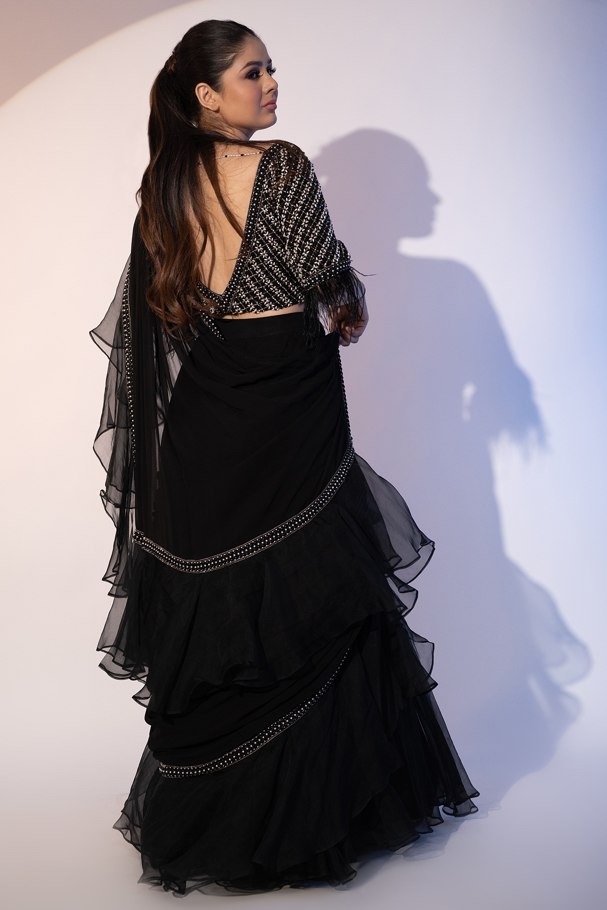 Buy Suman Designer Frill Ruffle Black Color Ready To Wear Lehenga Saree. at  Amazon.in