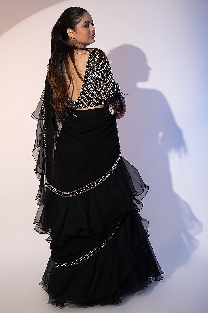 Black Pure Organza Ruffled Draped Wedding Lehenga Saree Set by SEJAL KUMAR at Pernia's Pop Up Shop
