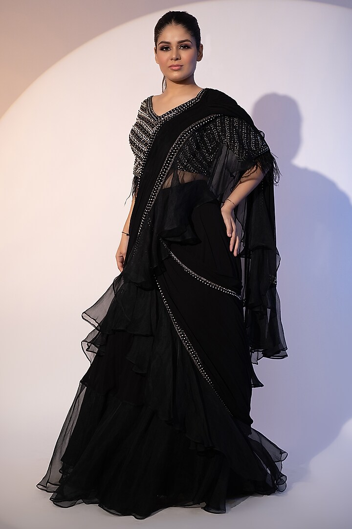 Black Pure Organza Ruffled Draped Wedding Lehenga Saree Set by SEJAL KUMAR at Pernia's Pop Up Shop