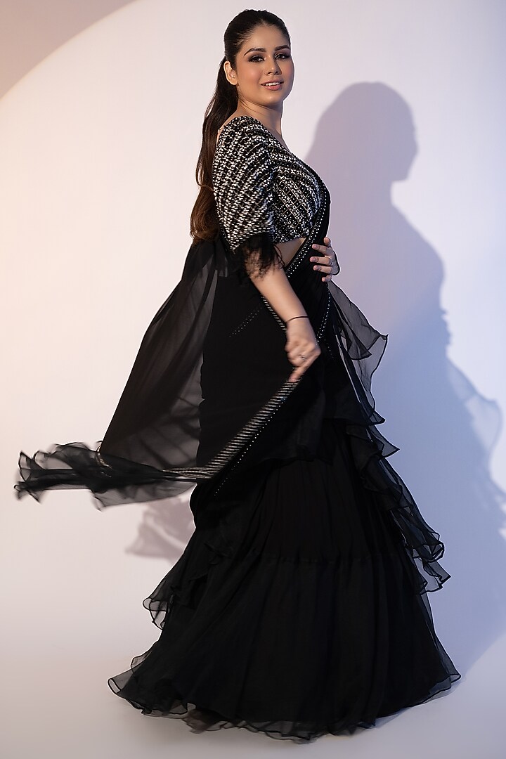Black Pure Organza Ruffled Draped Wedding Lehenga Saree Set by SEJAL KUMAR at Pernia's Pop Up Shop