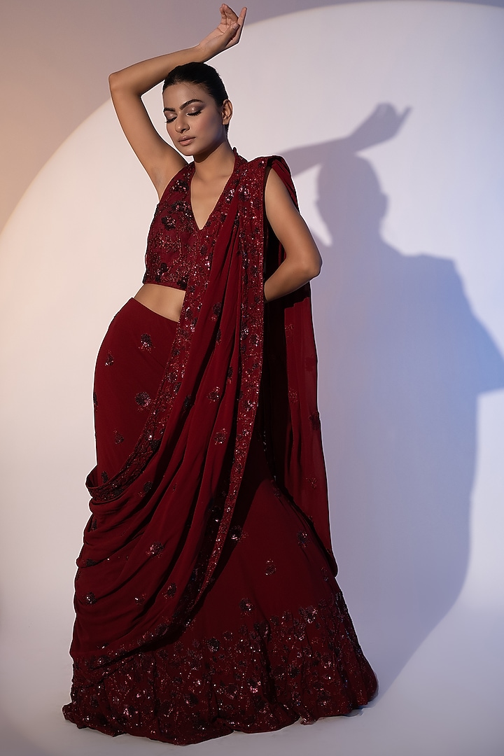 Red Pure Georgette & Net Sequins Floral Embroidered Fish-Cut Skirt Saree Set by SEJAL KUMAR