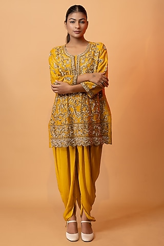 Mustard Pure Raw Silk & Pure Satin Dhoti Set by SEJAL KUMAR