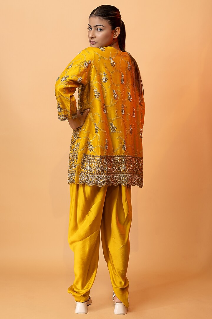 Mustard Pure Raw Silk & Pure Satin Dhoti Set by SEJAL KUMAR at Pernia's Pop Up Shop