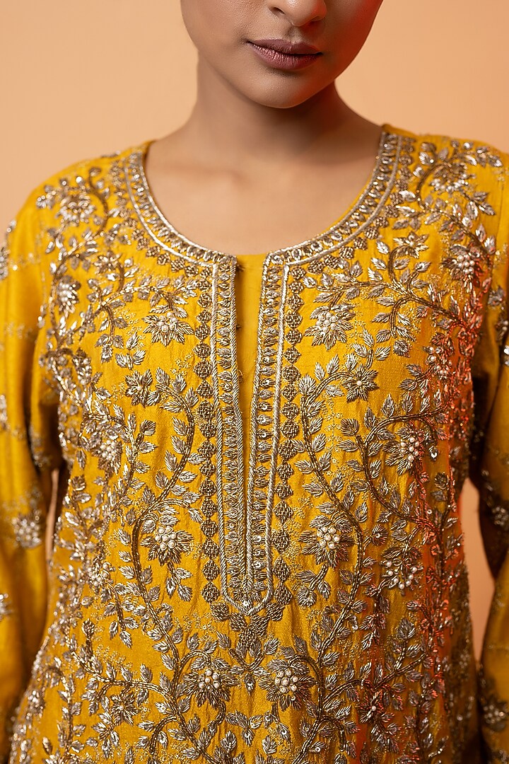Mustard Pure Raw Silk & Pure Satin Dhoti Set by SEJAL KUMAR at Pernia's Pop Up Shop