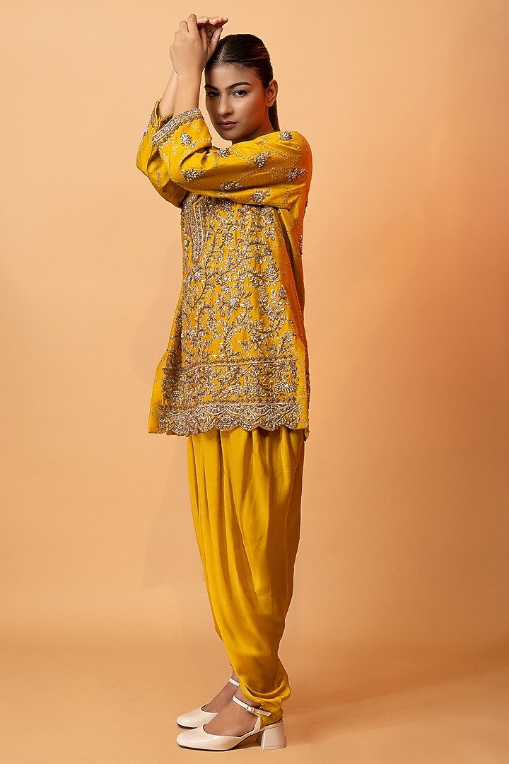Mustard Pure Raw Silk & Pure Satin Dhoti Set by SEJAL KUMAR at Pernia's Pop Up Shop
