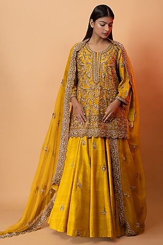 Mustard Pure Raw Silk Floral Motifs Embroidered Lehenga Set by SEJAL KUMAR