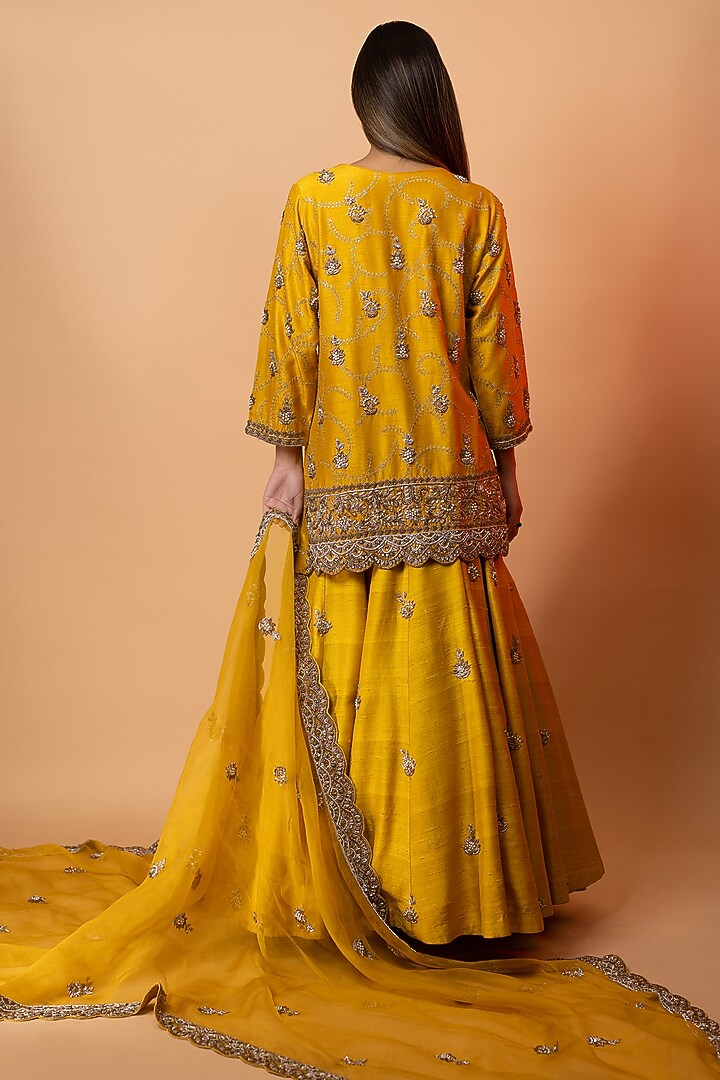 Mustard Pure Raw Silk Floral Motifs Embroidered Wedding Lehenga Set by SEJAL KUMAR at Pernia's Pop Up Shop