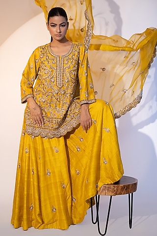 Mustard Pure Raw Silk Motifs Embroidered Sharara Set by SEJAL KUMAR