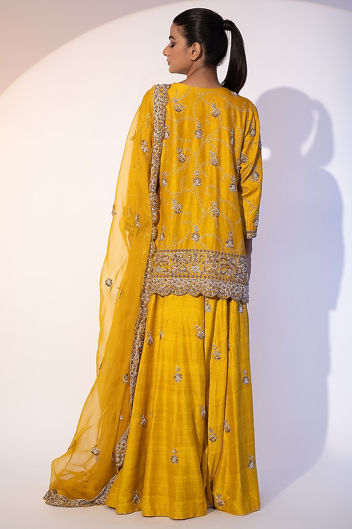 Mustard Pure Raw Silk Motifs Embroidered Bridal Sharara Set by SEJAL KUMAR at Pernia's Pop Up Shop