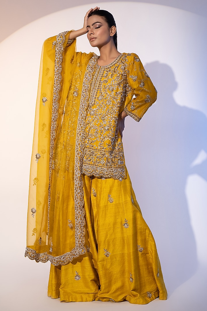 Mustard Pure Raw Silk Motifs Embroidered Bridal Sharara Set by SEJAL KUMAR at Pernia's Pop Up Shop