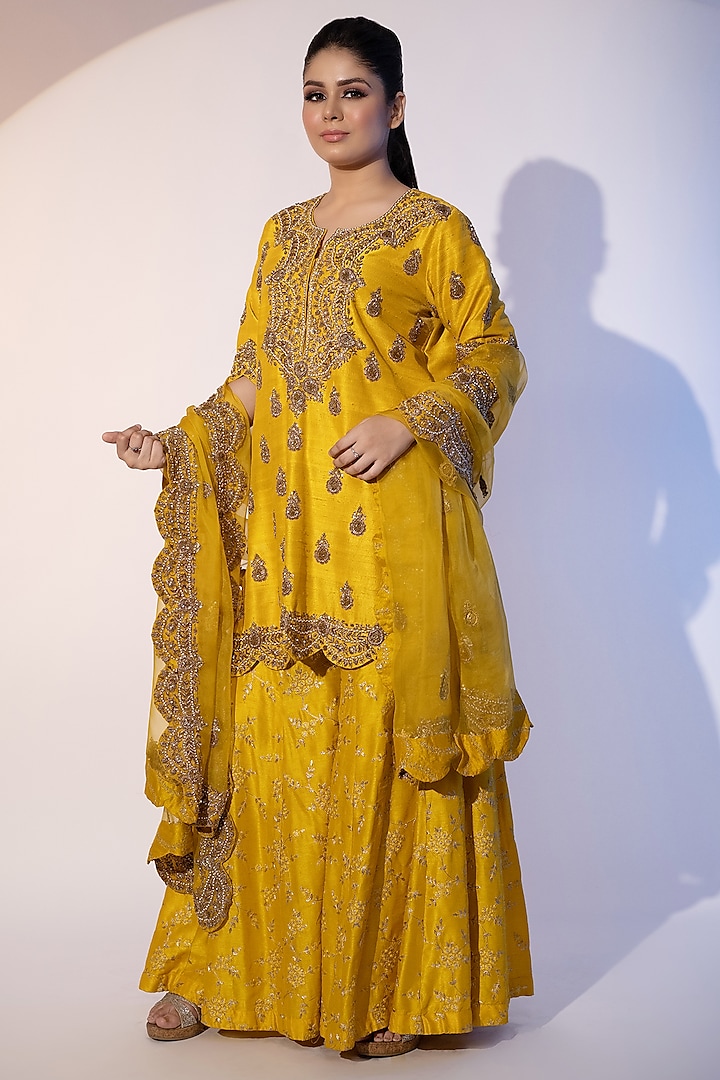 Yellow Pure Raw Silk & Organza Embroidered Sharara Set by SEJAL KUMAR